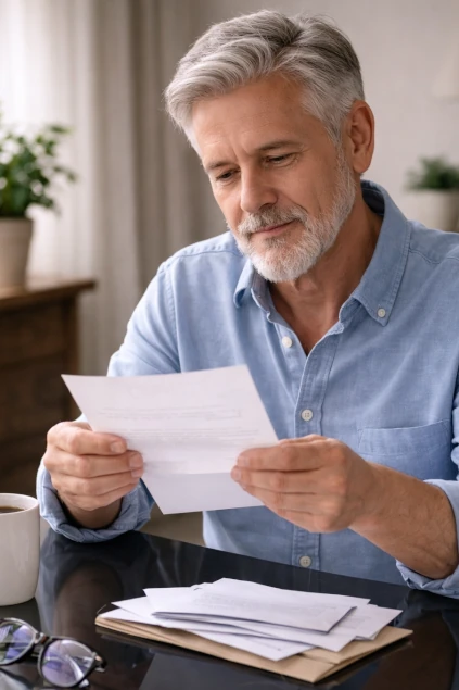 Homme recevant un acte de décès par courrier